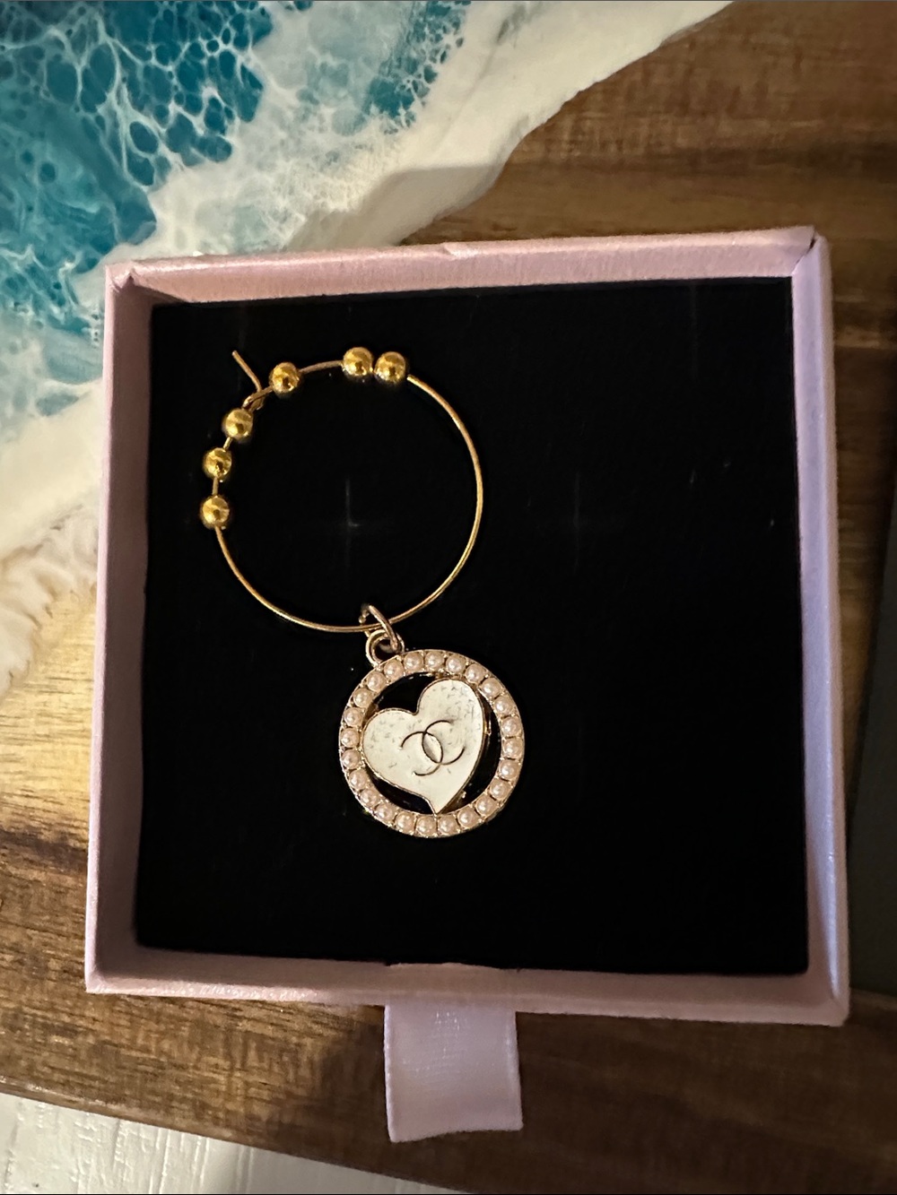 Gold-Tone Heart Pendant charm for your glass  with Crystal Accent